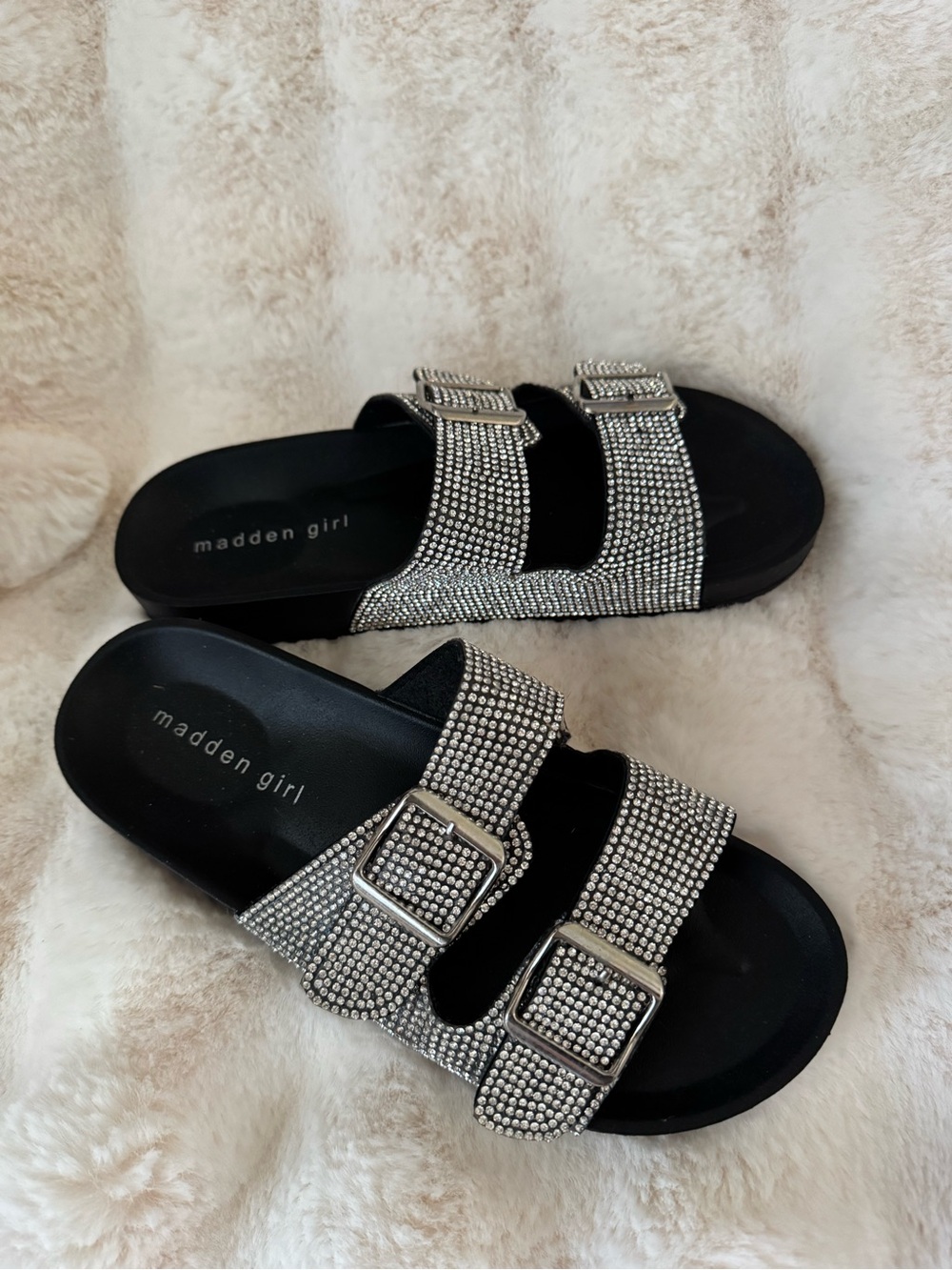 Madden Girl Silver Rhinestone Double-Buckle Slide Sandals